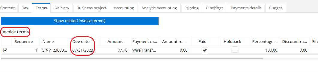 1.1. Due date on an invoice form (Terms tab).